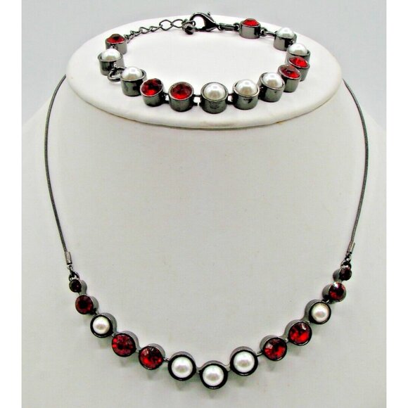 Blackened Silver Necklace and Bracelet Set Faux Pearls Red Rhinestones Jewelry - Picture 1 of 10